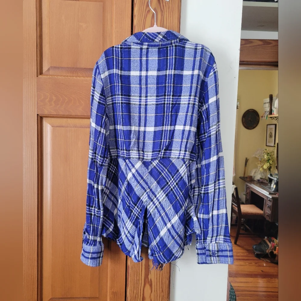 NWOT Justice Girls Blue White Black Pink Plaid Button-Up Shirt 12 Embellished